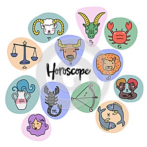 Cute horoscope zodiac set cartoon illustration doodle style