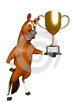 cute Horse cartoon character with winning cup
