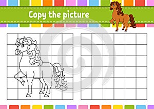 Cute horse. Farm animal. Copy the picture. Coloring book pages for kids. Education developing worksheet. Game for children.