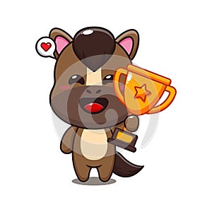 cute horse holding gold trophy cup cartoon vector illustration.