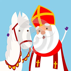 Cute Horse and Sinterklaas or Saint Nicholas hugging - vector illustration