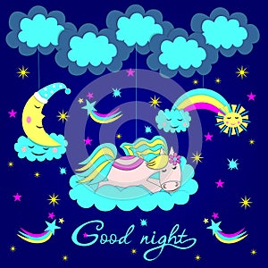 Cute horse sleeps on a cloud from the moonlight, suspended by strings, good night inscription, vector illustration