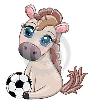 Cute horse with soccer ball. Child character, games for boys