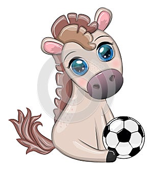 Cute horse with soccer ball. Child character, games for boys