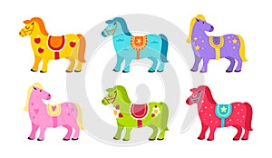 Cute horses. Cartoon bright color ponies with decor elements and different saddles, little funny equines in different