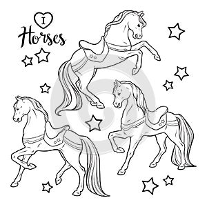 Cute horses and stars set isolated vector illustration. Coloring book pages for adults and kids