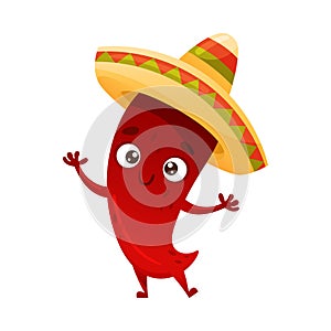 Cute hot chili pepper in sombrero hat. Mexican culture symbol cartoon vector illustration