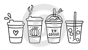 Cute Hot and Iced Coffee To Go Doodle Vector Illustration