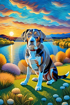 A cute hound dog with a breathtaking lake, sunrise, fluffy clouds, spring season, beautiful natire view, painting, animal art photo