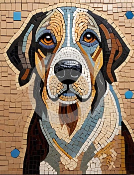 A cute hound dog in mosaic tiles style, each piece contributing to the overall image, animal art, design