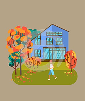 A cute house among autumn bright trees. Beautiful vector illustration.