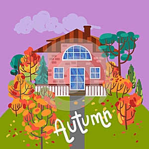 A cute house among autumn bright trees. Beautiful vector illustration.