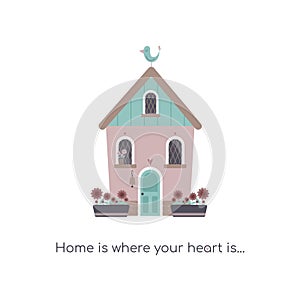 Cute house with bird and flowers in pots. Sweet home or welcome home concept. Vector flat illustration.