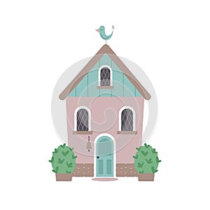 Cute house with bushes and bird on a top. Sweet home or welcome home concept. Vector flat illustration.