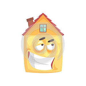 Cute house cartoon character with ironical expression on its face, funny emoticon vector illustration