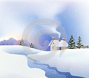 Cute house light from windows on white snow and spruces background. House, frozen brook and snow vector