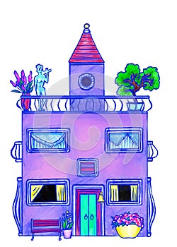 A cute house with two stores and a tower, roof top with a statue and garden