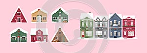 Cute houses. Christmas decoration. Outdoor. Winter wooden house. Vector