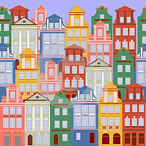 Cute houses, city buildings in Scandinavian style. Cosy town panorama with home exteriors, Scandi architecture.