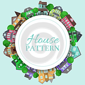 Cute houses round pattern with color home background vector illustration. Down town wrapping backdrop roof print. City