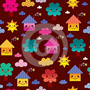 Cute houses and trees kids seamless pattern