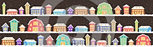 Cute houses in winter season snowy town street merry christmas happy new year poster holiday celebration concept