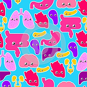 Cute Human Internal organs pattern seamless. Anatomy background cartoon style. Systems of man body and organs ornament. medical