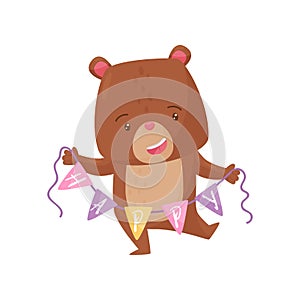 Cute humanized bear holding bunting flags with word Happy . Forest creature. Cartoon character of cheerful wild animal.