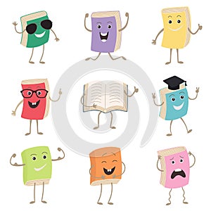Cute Humanized Books Characters Representing Different Types Of Literature, Kids And School. Set of funny book