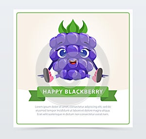 Cute humanized bramble berry character, happy blackberry banner flat vector element for website or mobile app