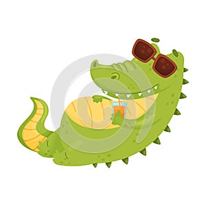 Cute humanized crocodile is resting. Vector illustration on a white background.