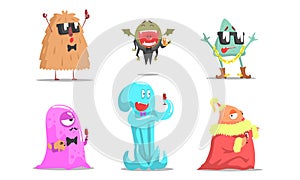 Cute humanized monsters are resting. Vector illustration.