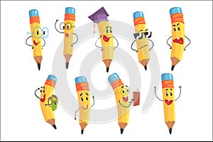 Cute Humanized Pencil Character With Arms And Face Emoji Illustrations Set