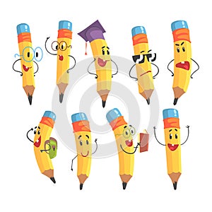 Cute Humanized Pencil Character With Arms And Face Emoji Illustrations Set