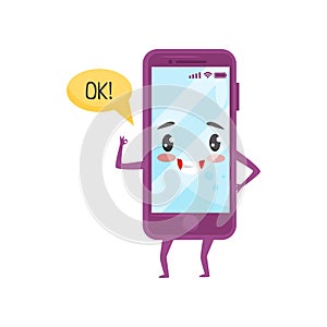Cute humanized smartphone with kawaii face showing Ok gesture. Cartoon character. Flat vector design