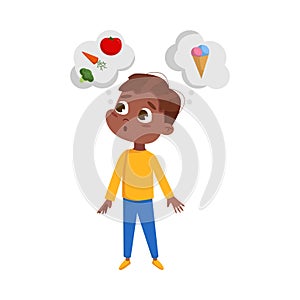 Cute Hungry African American Boy Want to Eat, Kid Choosing Between Healthy and Unhealthy Food Cartoon Style Vector photo