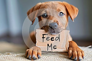 Cute hungry puppy holding a "Feed Me" cardboard sign. Concept of pet care, animal feeding, funny dogs, and humorous pet