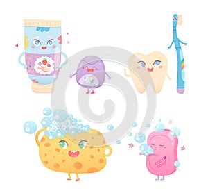 Cute hygiene characters set, funny toothpaste, toothbrush and dental floss to brush teeth