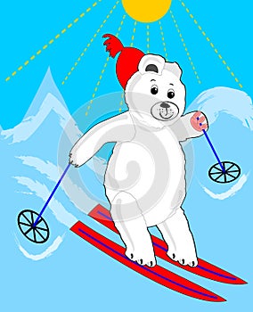 Cute ice bear skiing. Ice bear cartoon. Sporting ice bear.