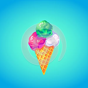 Cute ice cream in bright cartoon style. Symbol of summer vocations