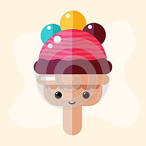 Cute ice cream character, tasty dessert with eyes and smile, summer food, frozen sweet food illustration