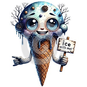 A cute Ice-cream character with wooden sign board and text on it Ice with me!