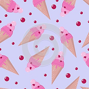 Cute ice cream cones with berries. Seamless pattern