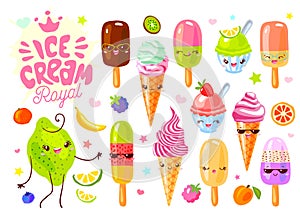 Cute ice cream frozen juice ice lolly funny characters set. Smiling cartoon happy face kids style collection.