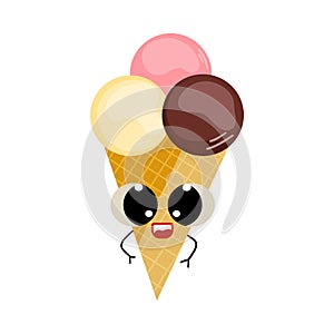 Cute ice cream illustration with eyes. Sweet dessert. Vector illustration