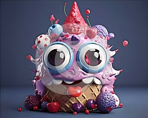 Cute ice cream monster with big eyes with berries. 3D Rendering generative ai