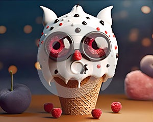 Cute ice cream monster with big owl eyes. Funny childish character. 3D Rendering generative ai