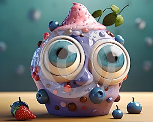 Cute ice cream sad monster with big eyes. 3D Rendering generative ai