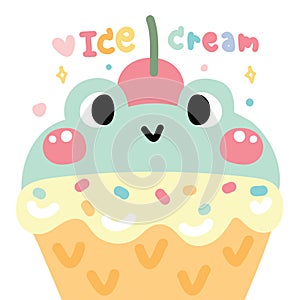 Cute ice cream smile frog head with cherry on white background