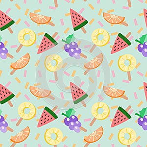 Cute ice-cream tropical fruits vector illustration. Tropical fruits seamless pattern. Summer and freshness concept.